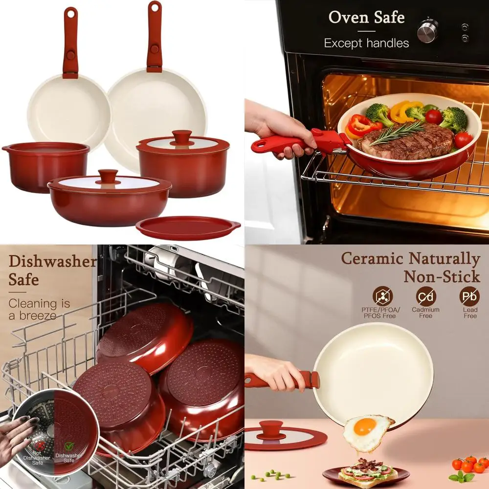 

Non-Stick Detachable Handle Cookware Set, 11-Piece Ceramic Pots and Pans, RV-Friendly, Red and Black Gradient