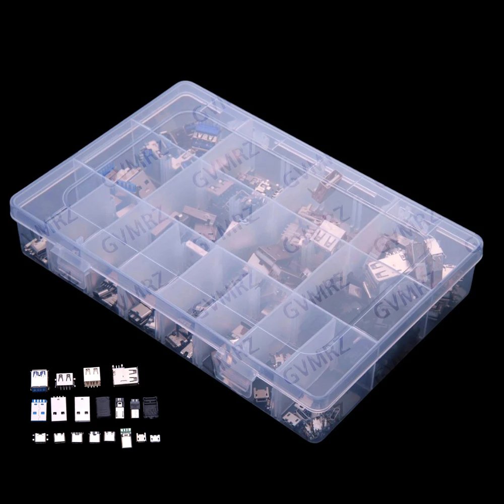 16Values ​​180PCS 2.0 Female Mini Connector Recessed Board MICRO Connector Kit Type A/Type C 3.0 Male USB  Female