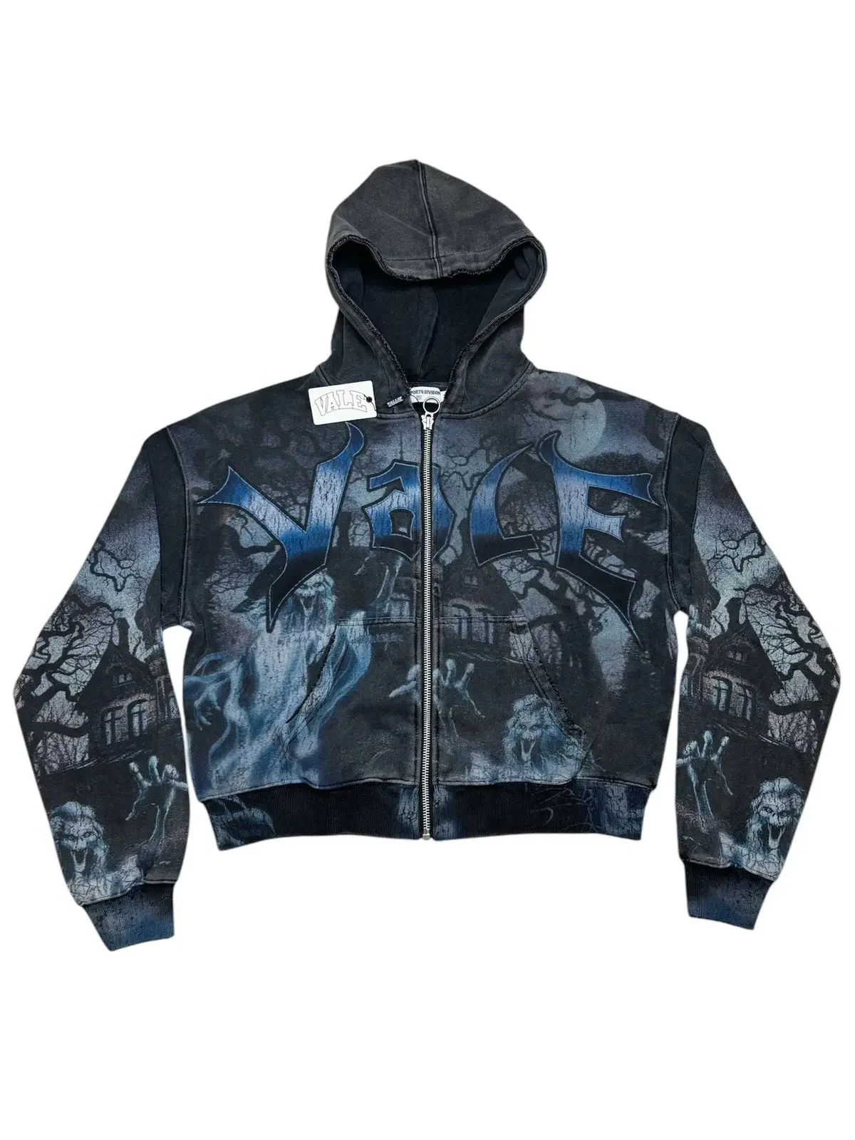 

V Casper Ghost Print Hoodie Cardigan Worn-In Waed ex ort Sve Zipper Closure Casual Faion Sweatirt
