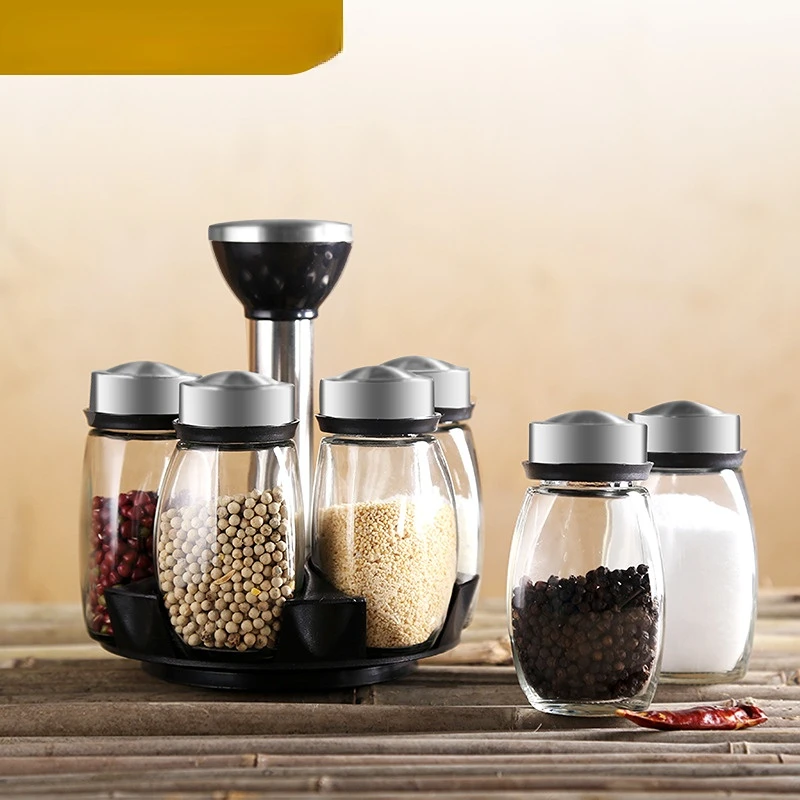 Household Kitchen Glass Spice Jar Rotating Seasoning Box Set Bottle