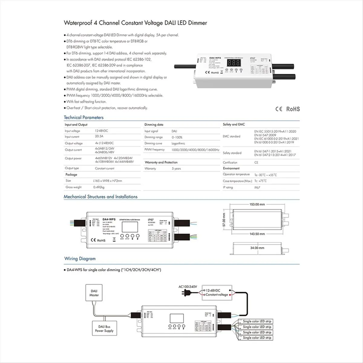 DA4-WPS DMX512/RDM Decoder 12V-48V DC 4CH DALI Dimmer DT8 DT6/PWM Dimming for Single Color/CCT/RGB/RGBW LED Tape