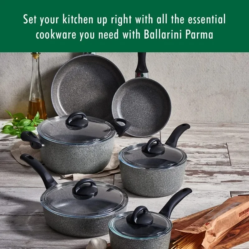 Parma by HENCKELS 10-pc Nonstick Pot and Pan Set, Made in Italy, Set includes fry pans, saucepans, sauté pan and Dutch oven