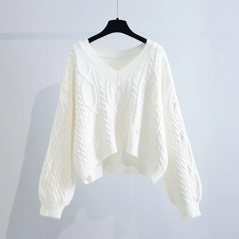 Lazy Style Irregular Knitted Sweater Women Casual Loose Long Sleeve V-Neck Jumper Tops Autumn Winter Thick Warm Jersey Pullover