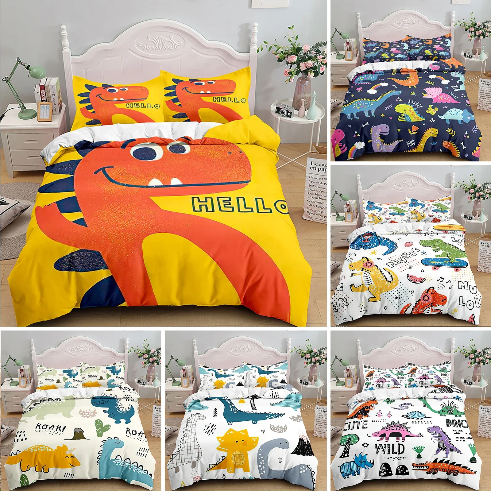 

Kids Cartoon Dinosaur Bedding Set King/Queen/Full Size,Cute Animal World Duvet Cover Orange Yellow 2/3pcs Polyester Quilt Cover