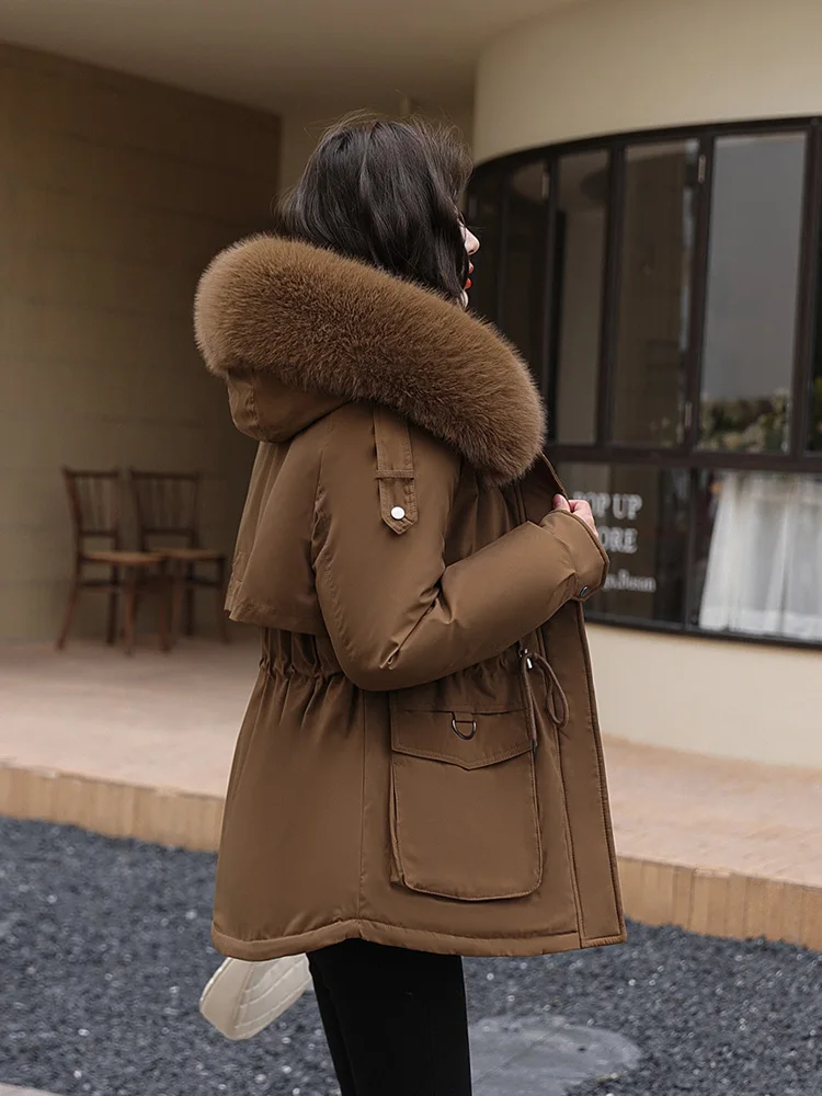 Women's Winter Thickened Fleece Lined Short Parka Coat Cotton Workwear Large Fur Collar Jacket Korean Style Commute Pure Color