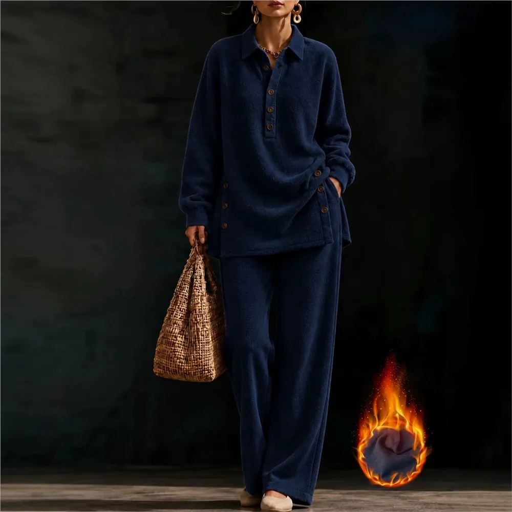 Women's Thick Warm Fleece 2 Piece Outfit Lapel Long Sleeve Side Buttons Blouse High Waist Wide Leg Pants Casual Home Track Suit view 3