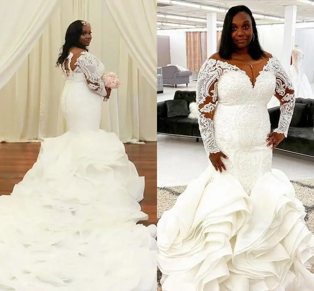 

Customized Plus Size African Mermaid Wedding Dress Luxury Cathedral Ruffles Train Lace Long Sleeve Arabic Aso Ebi Bridal Wear