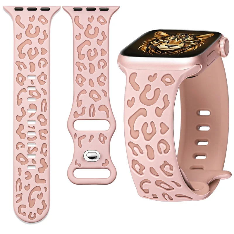 Engraved Leopard Strap For Apple Watch 10 Band ultra 2 49mm 45mm 44mm 46mm 41mm-40mm Silicone bracelet Series 10 9 8 7 se 6 5 4