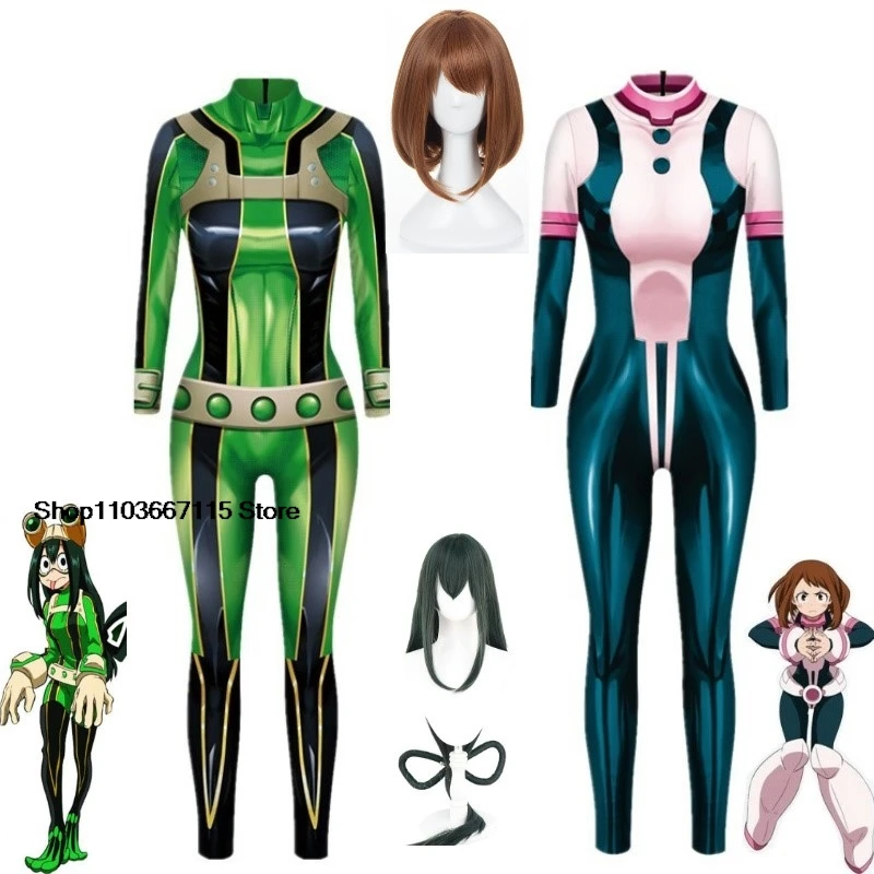 Anime My Hero Academia Ochaco Uraraka Asui Tsuyu Froppy Cosplay Costume Wig Tight Printing Jumpsuits Woman Sexy Carnival Suit