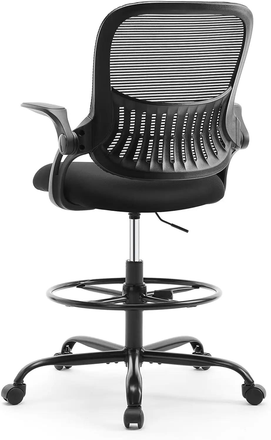 

Tall Drafting Desk Chair - Ergonomic High Stool Computer with Adjustable Height, Lumbar Support, Flip-up Arm and Footrest, Black