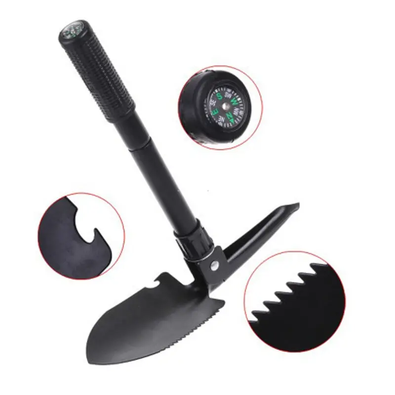 All in One Folding Survival Shovel Pickaxe Digging Tool Portable Camp Spade with Compass Pouch for Emergency Outdoor Gear