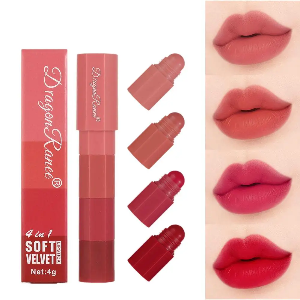 4 in 1 samt matten Lippenstift Stift wasserdichte dauerhafte Linien feine Lippen Antihaft-Lippen becher glatte Kosmetik Aufhellung b7r3