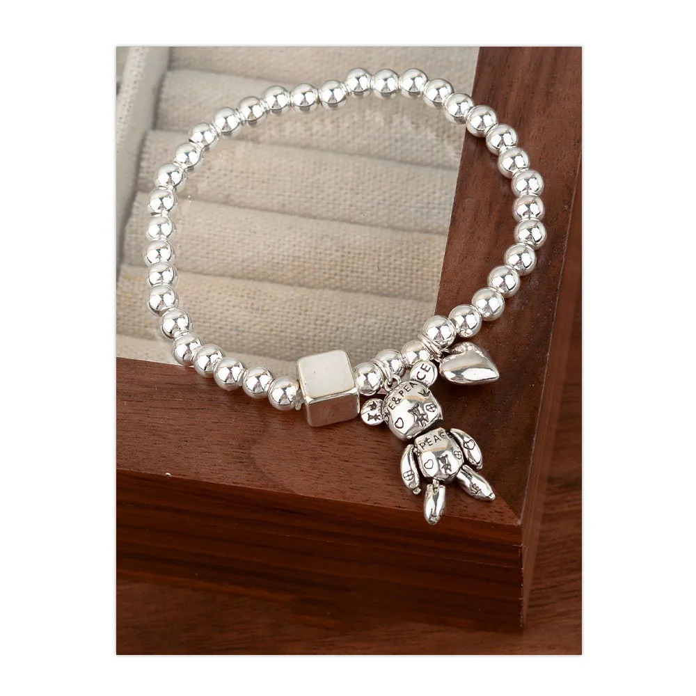 925 Sterling Silver Bracelets for Women Men String Accessories Retro Bear Heart Pendant Party Jewelry Gift
