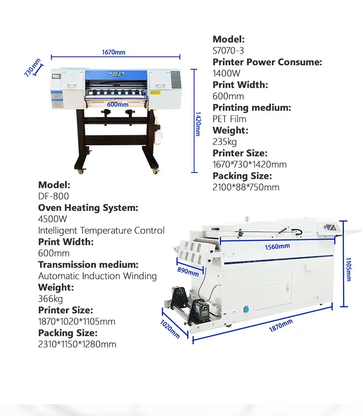 AUDLEY S7070 Digital DTF A1 Printer 60CM Head Multicolor Automatic Inkjet PET Film Powder Shaking Flatbed Roll-to-roll Printer