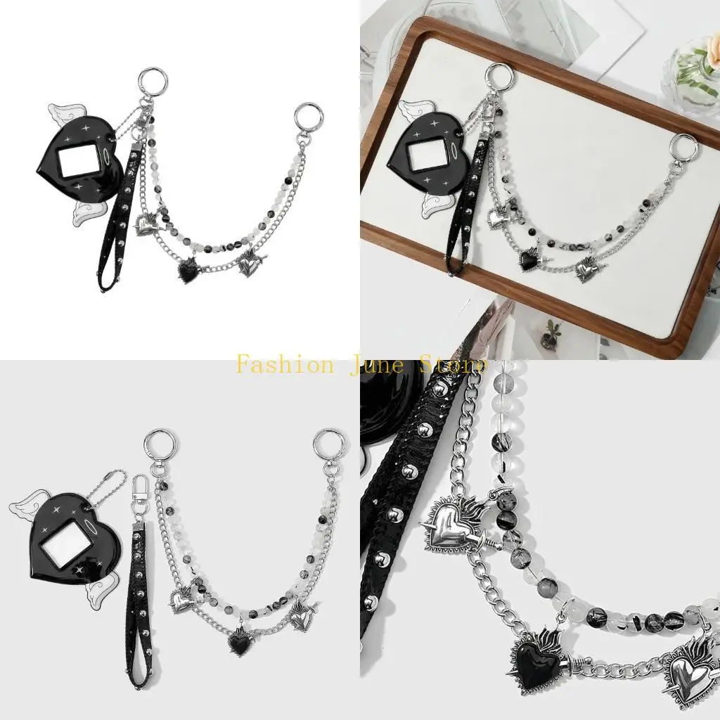 N5KA Bag Charm Keychain With Photo Frame Heart and Chain Drape Detail