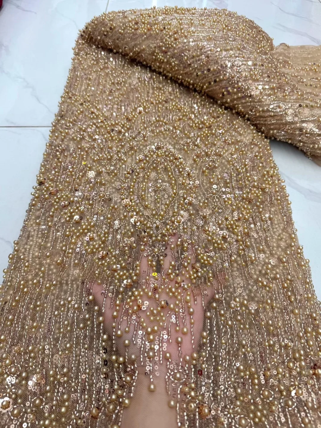 Luxury African Lace Fabric 2026 High Quality Sequins Beads Lace Fabrics For Nigerian Wedding French Tulle Lace Fabric AT3151-A1