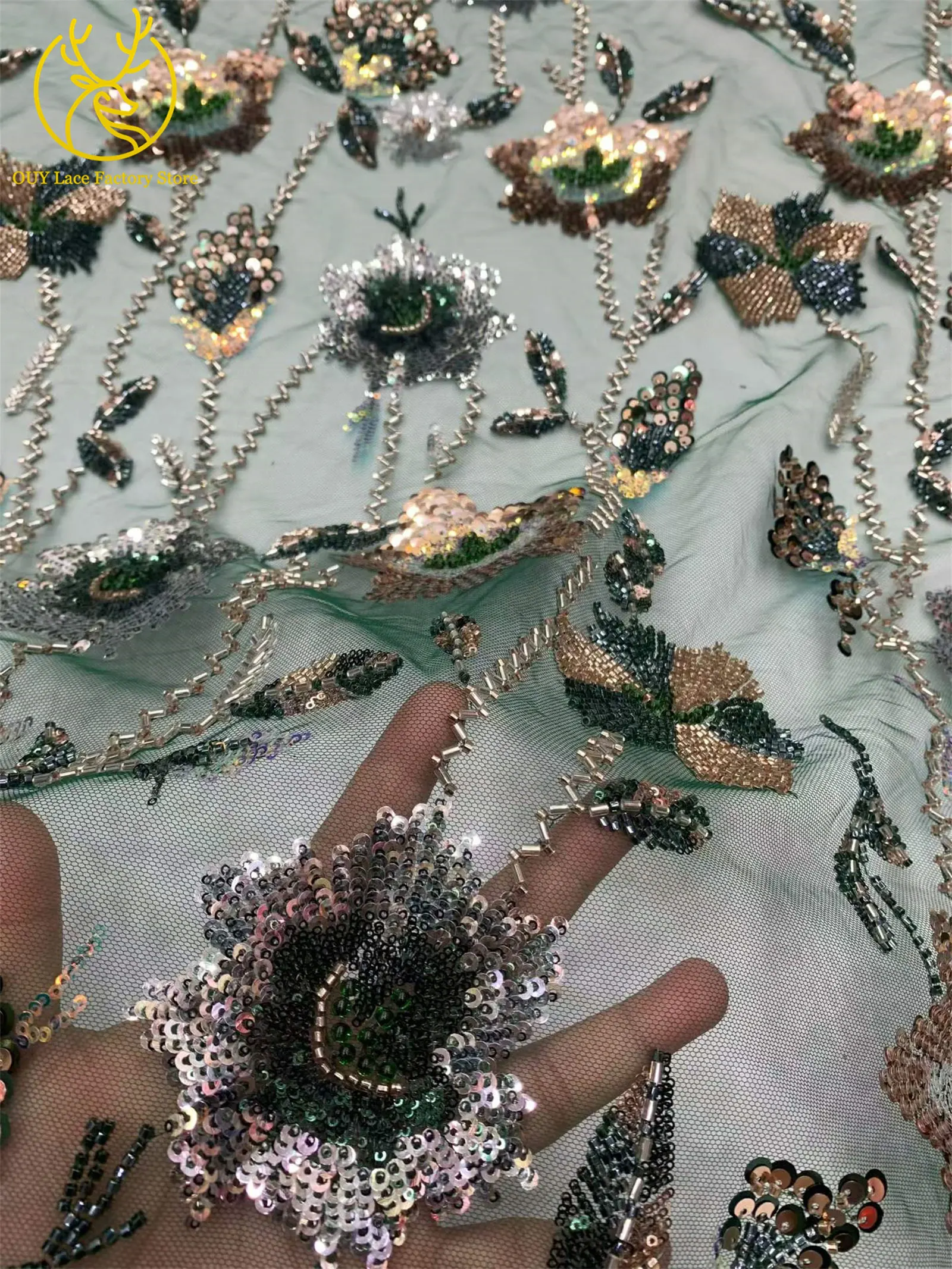 2026 Französische Stickerei Perlenbesetzter Mesh-Spitzenstoff 5 Yards Hochwertiger Afrikanischer Pailletten-Spitzenstoff für Damen Partykleider Nähen – Detail 10
