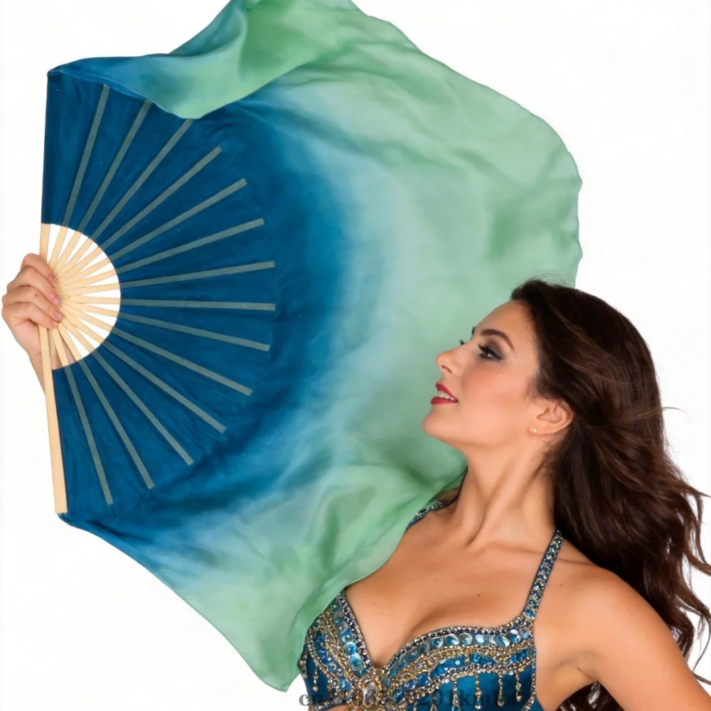 Grand voile de danse de 86 cm en soie véritable, une paire, accessoire de costume de danse du ventre, fluide, dégradé, accessoires de danseuse chinoise, double face, rond