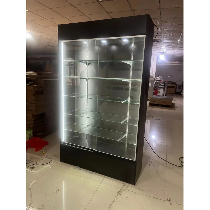 Customized-Wooden Glass Display Showcases Retail Store Glass Display Cabinet Lockable Wall Display with LED Light