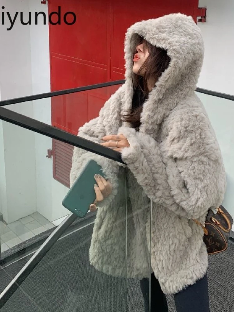Women 2024 Winter New Loose Hooded Coat Lamb Fur One-piece Thickened Plush Top Casaco Feminino De Inverno Super Quente
