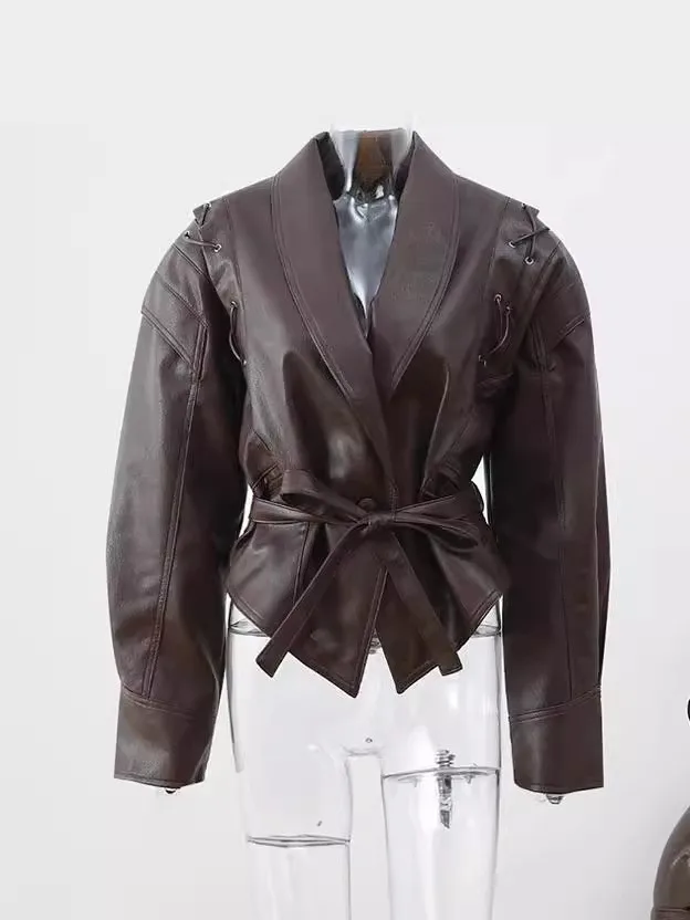 Kurtka Street Sle Retro ze sztucznej skóry z dekoltem w serek, z paskiem, wiosenno-jesienna, nowa, uniwersalna, długa, dopasowana, z materiału PU.