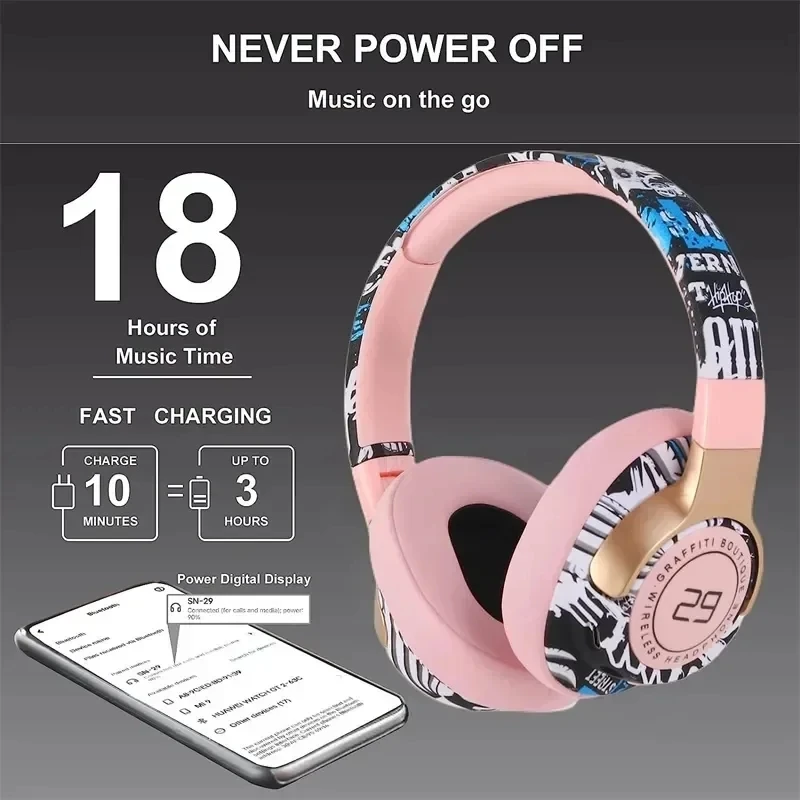 Fashionable Graffiti Headphone Bluetooth 5.1 Bass Wireless Headphone Built-in HD Mic Sports Game Headset for PS4 PS5 PC TV Phone