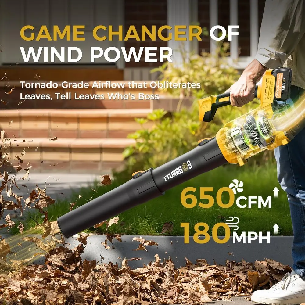 Leaf Blower Cordless - 650CFM Brushless Motor Leaf Blower with 6-Speed Control & Ergonomic Handle - Includes 2 x 5.0Ah Batteries