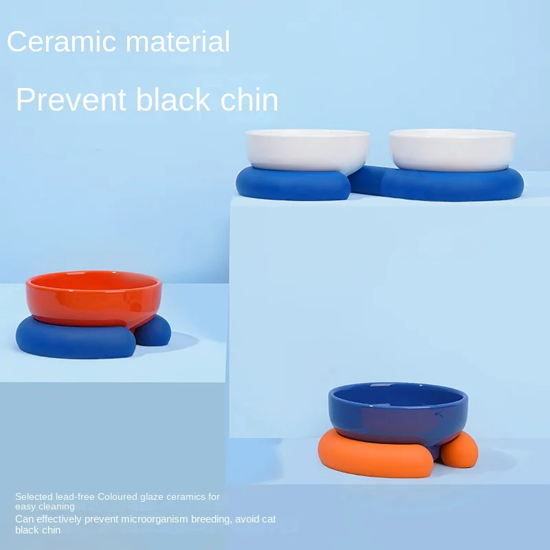 Cat bowl ceramic pet bowl protects cervical spine against knocking over cat food drinking water double bowl pet supplies