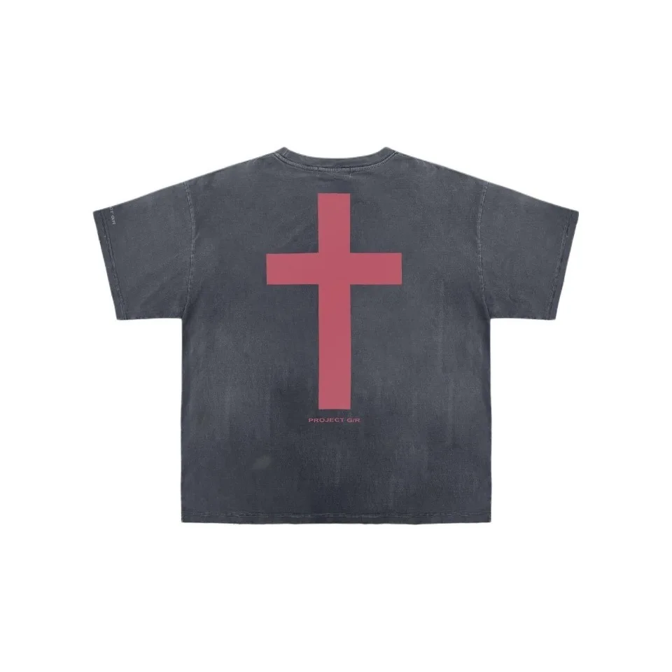 Grailz SS25 100% Cotton Pre-Washed Vintage Streetwear Letter Cross Short-Sleeve T-Shirt for Men and Women