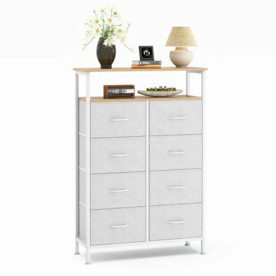 

Dresser for Bedroom with 8 Drawers Tall 8-Drawer Chest of Drawers with Raised Shelf Storage Tower with Fabric Bins for Organiza