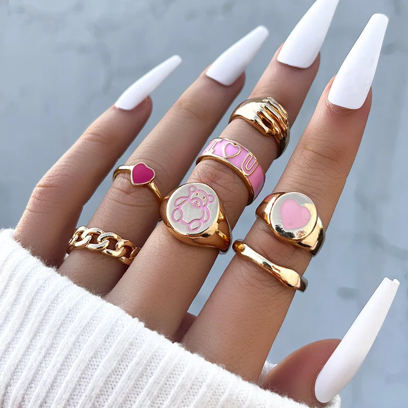 Bohemia Geometric Colorful Enamel Kunckle Ring Set For Women Butterfly Heart Sign Finger Ring Female Daily Jewelry