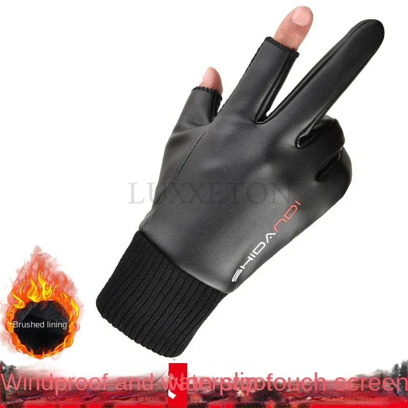 Guantes de invierno para hombre, impermeables, a prueba de viento, de cuero PU, cálidos, para deportes al aire libre, para montar, pantalla táctil, dedos completos, guantes de pesca