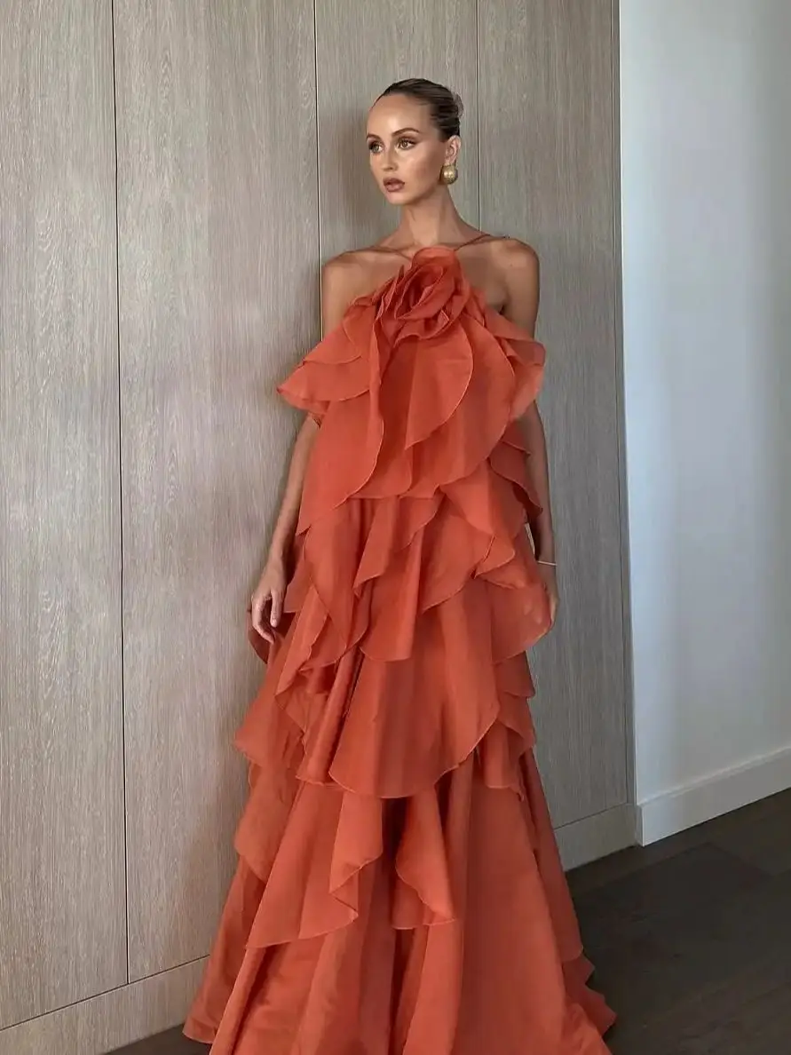 Ofherown Elegante A-Line Chiffon A strati Ruffles Abiti da sera Cinghia per spaghetti Abiti da ballo Backless Robe De Soiree Personalizzato