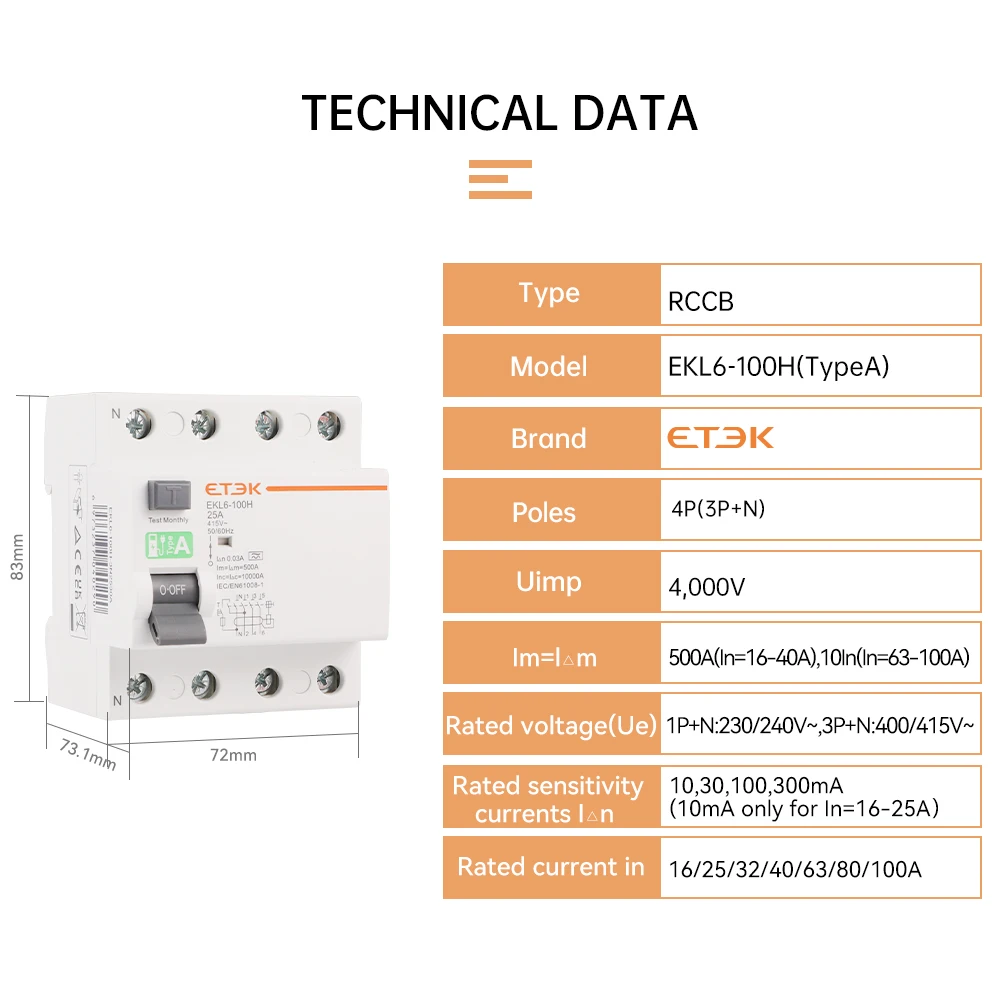 Interruttore differenziale ETEK tipo A RCD 30mA 2P(1p + n) elettromeccanico RCCBType A 25A 32A 40A 63A 80A 100A EKL6-100H