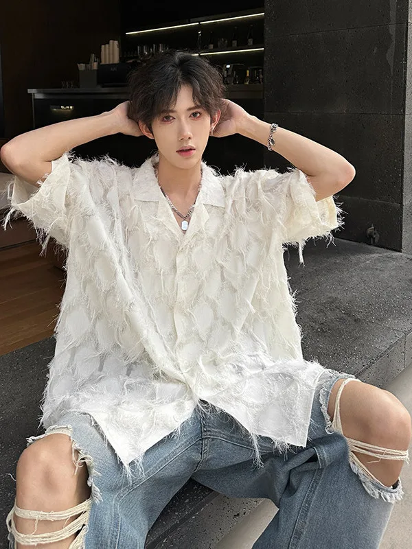 

Pure White Tassel Shirt Men's Short Sleeve Summer Fashion Urban Style Polyester Fiber Non-iron Treatment Cuba Collar