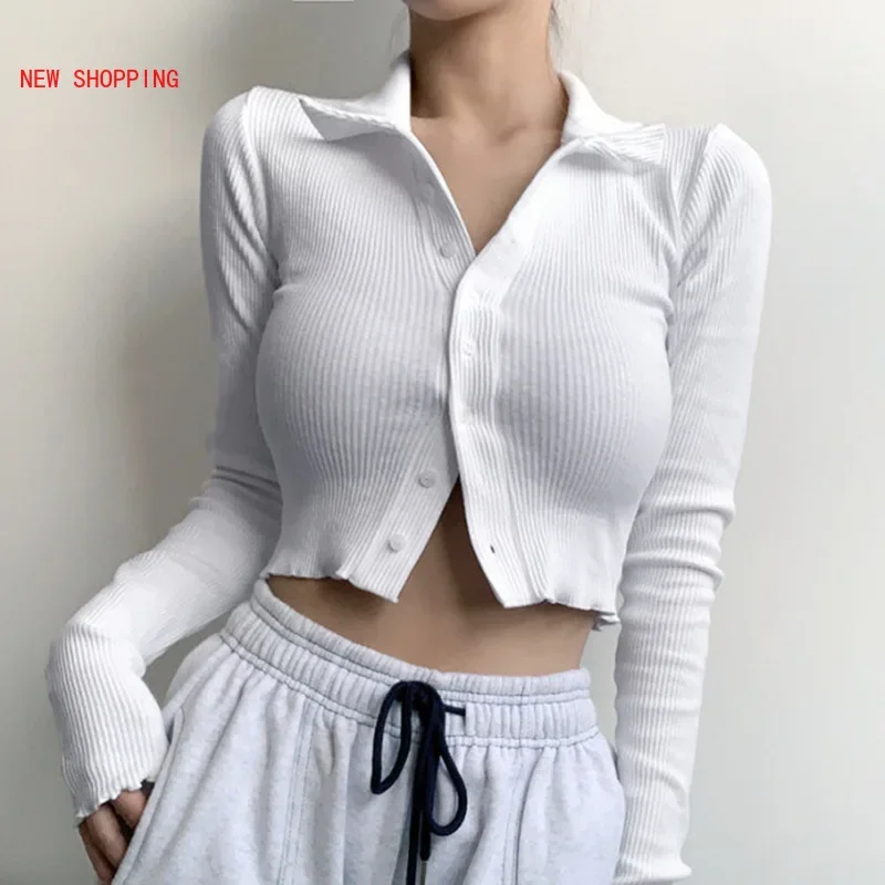 White Casual Knitted Long Sleeve Tshirt Women Button Up Turn Down Collar Basic Crop T Shirt Autumn Knitwear 2023 Spring Harajuku