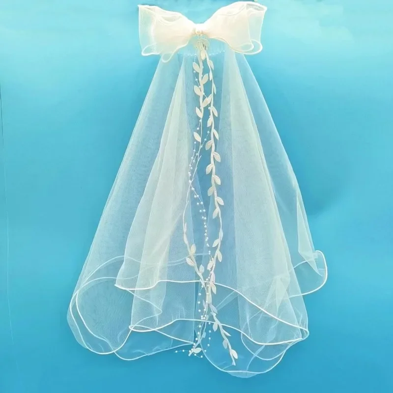 Bride\'s Double Layer Wedding Curled Hair Comb Draping Hair Accessories Princess Veil Bow Headdress