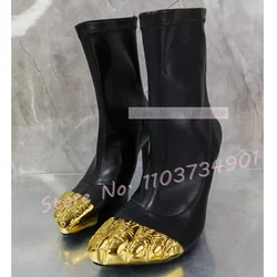Gold Metal Toe Novelty Boots Women Fashion Round Toe Back Zipper Mid Calf Shoes Ladies Nifty Punk Sexy Stiletto High Heels Boots