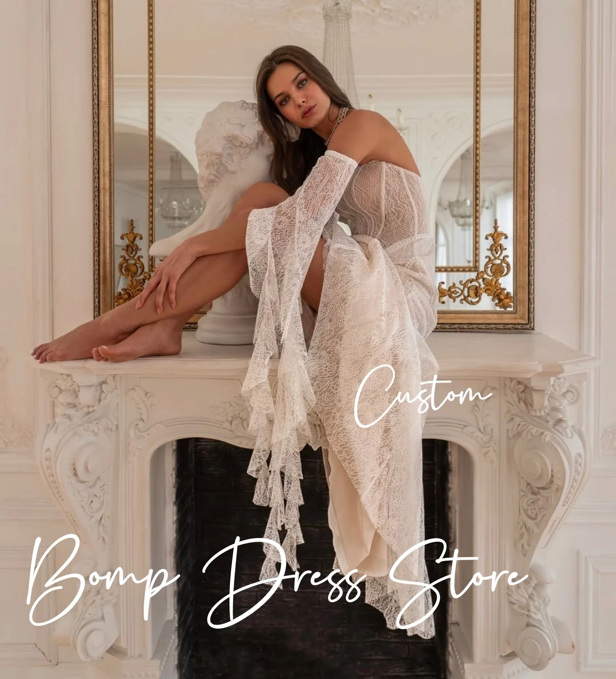 ชุดแต่งงานวินเทจทรงเมอร์เมด BOMP แบบสั่งตัด แขนถอดได้ ผ้าลูกไม้ พร้อมชายกระโปรงยาวแบบ Sweep Train และโครงรัดตัว