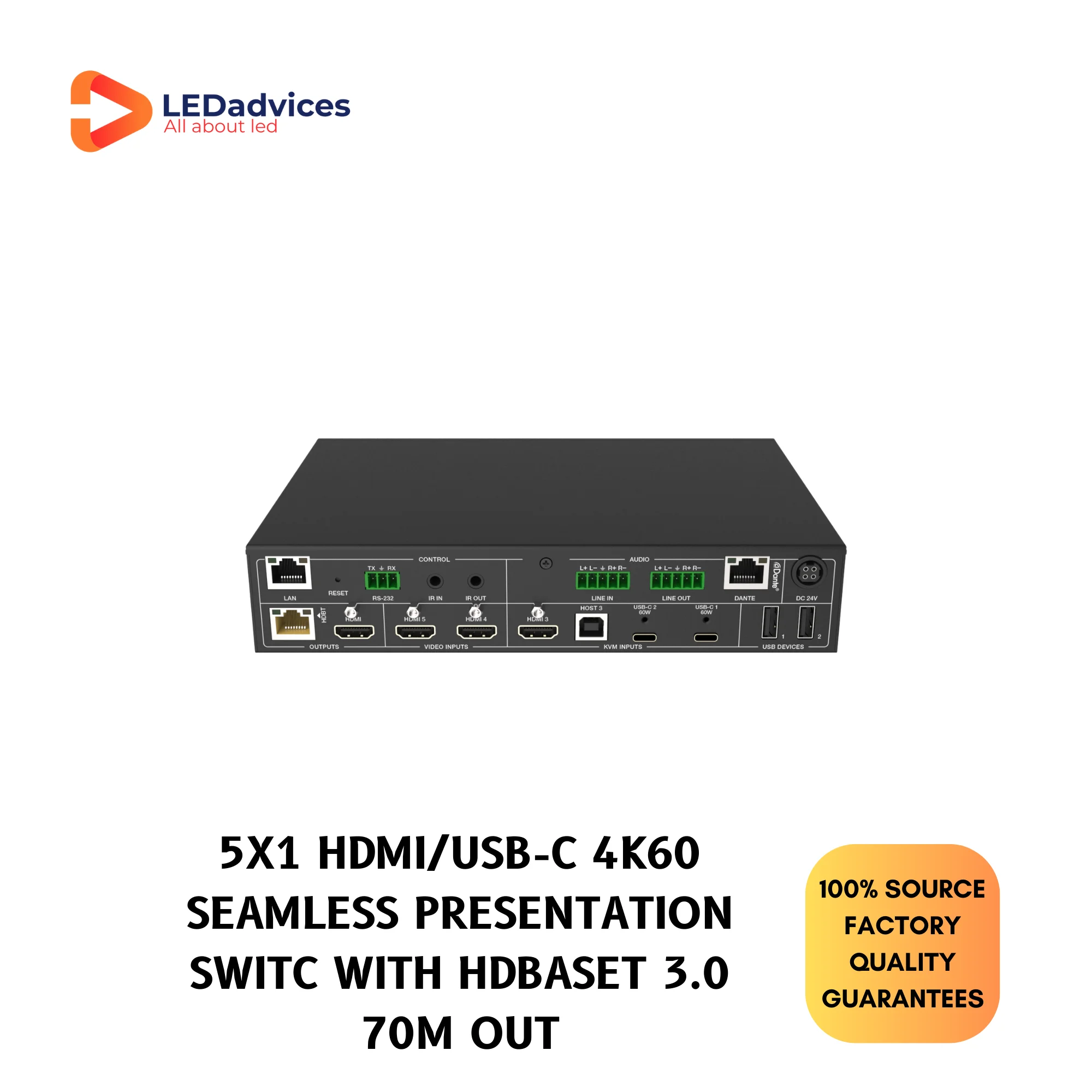 5x1 HDMI/USB-C 4K60  Seamless Presentation Switch  with HDBaseT 3.0 70m Out, HDP-PSB51H70