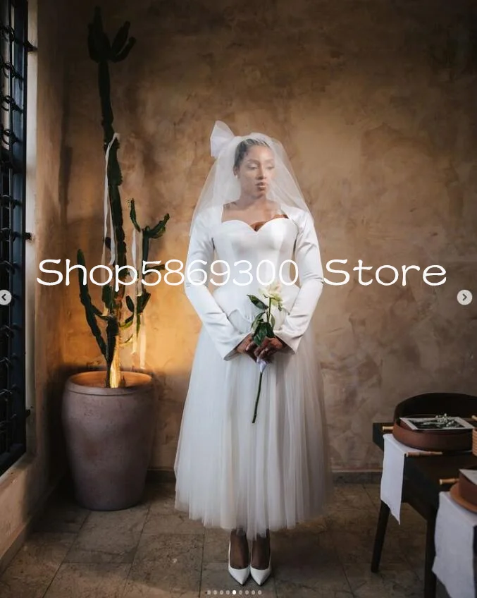 발목 길이 아소 에비 웨딩 드레스, 매트 얼룩 얇은 명주 그물, 긴 소매 플러스 사이즈, 정원 교회 신부 가운, 맞춤형 의상