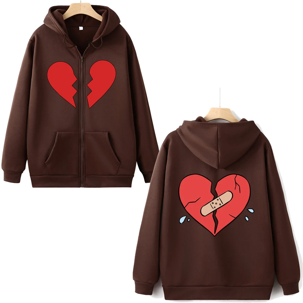 Broken Heart Print Zipper Sweatshirt Harajuku Y2K Torn Heart Graphic Unisex Zip Up Hoodie Autumn Streetwear Casual Zip Hoody