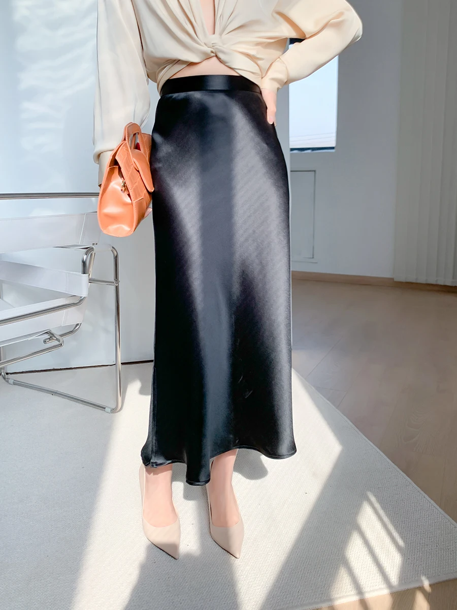 KARFELY Luxury Satin Half Skirt with Invisible Zipper Bodycon A-Line Skirt for Women High Waist Acetate Fiber Everyday Wear