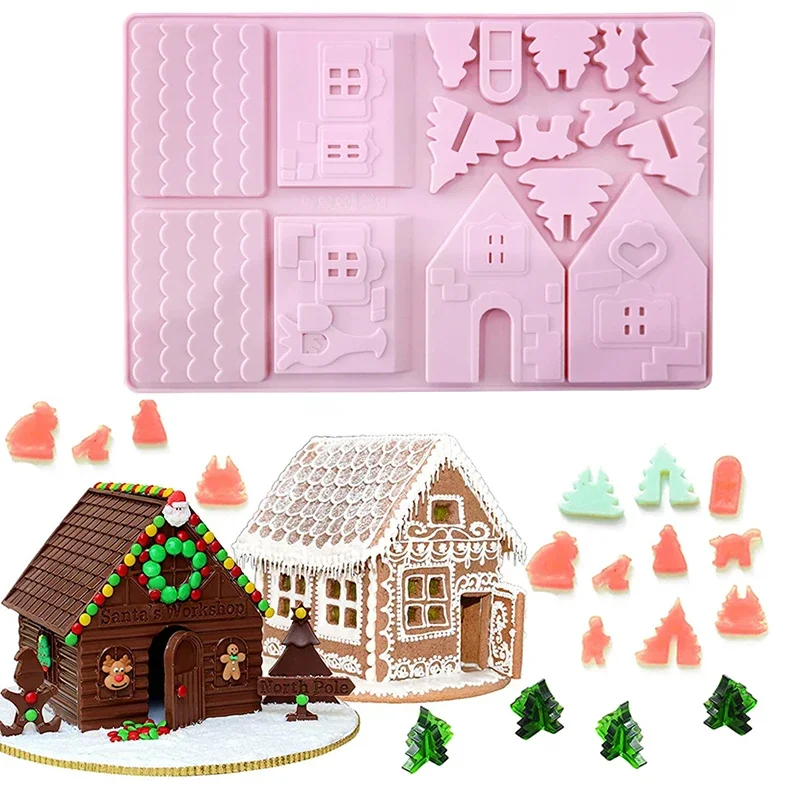 

3D Christmas House Chocolate Mold Gingerbread House Shape Cake Decoration Silicone Mould DIY Biscuits Cookie Stencil Baking Tray