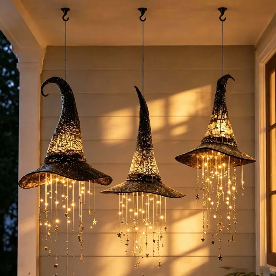 Lighted Witch Hat Hanging Chime, Halloween Outdoor Ornament, Glowing Mesh Cascading Stars, Black Frame Decoration, Party Decor