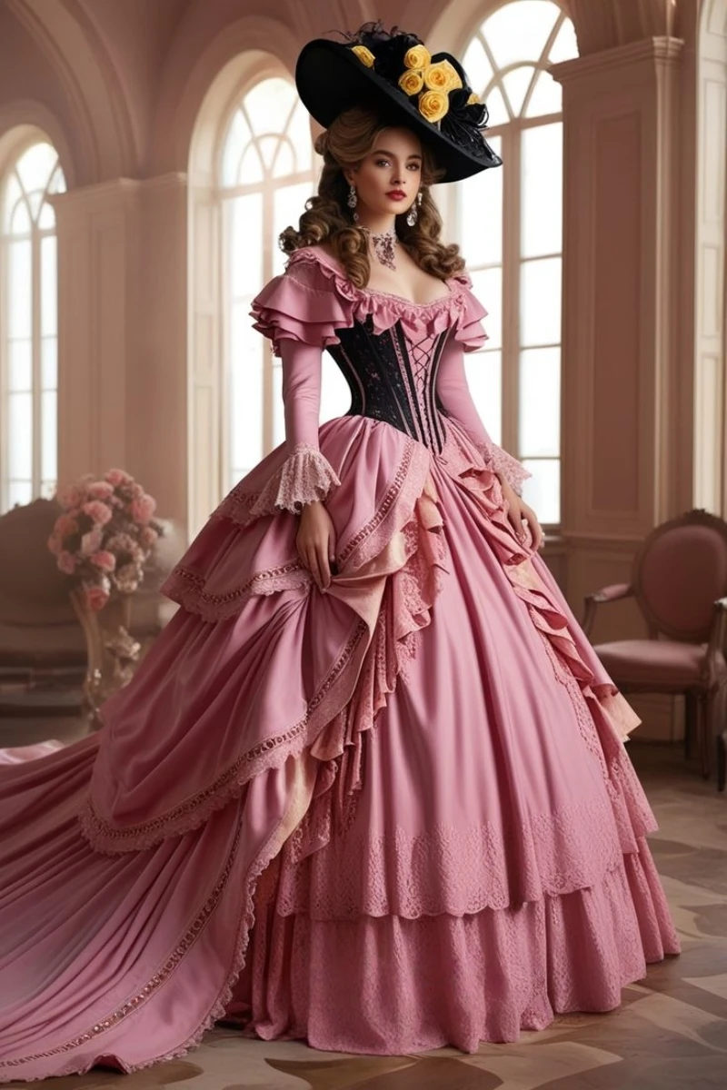 

Vintage Victorian Ruffles Wedding Dress Pink With Black Princess Masquerade Ball Gown Long Sleeves Customized Vestidos De Novia