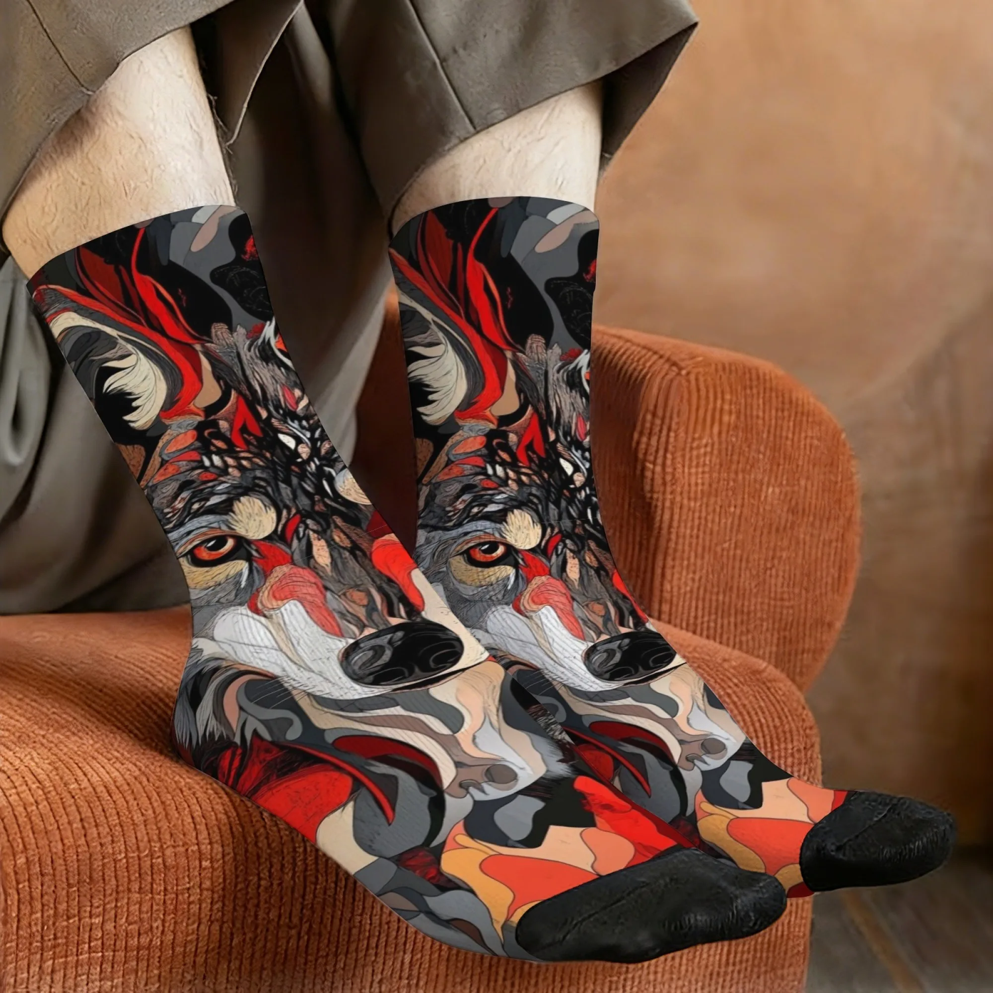 

Abstract Art Wolf Head Print Mid-calf Socks Geometric and Lines Wildness Modern Art Feel for Animal Lovers Forest Adventures