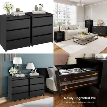 Juego de mesita de noche de 2 piezas, mesita de noche negra con 3 cajones, mesita de noche negra para dormitorio con tirador recortado, mesita de noche lateral para sofá 10 best sales Juego de 2 mesitas de noche - №2