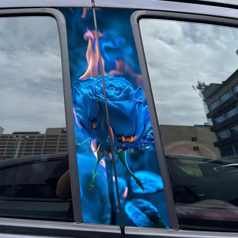 

2pcs Blue rose, fire Car Sticker B-Pillar DIY Middle Pillar Vinyl Decorative Car Accessories Sticker