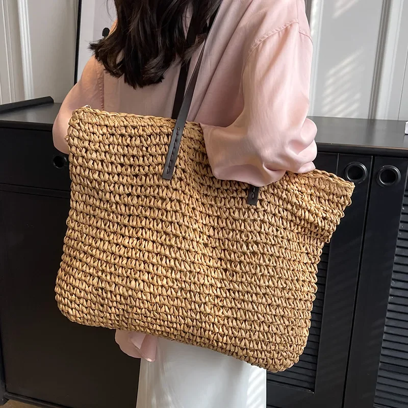 

Straw Woven Tote Bags Summer Casual Large Capacity Handbags New Fashion Beach Women Shoulder Bags Simple Style Shopping Bag
